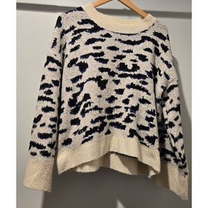Hem & Thread Animal Print Blue Cream Sweater Pullover Womens Large Anthropologie